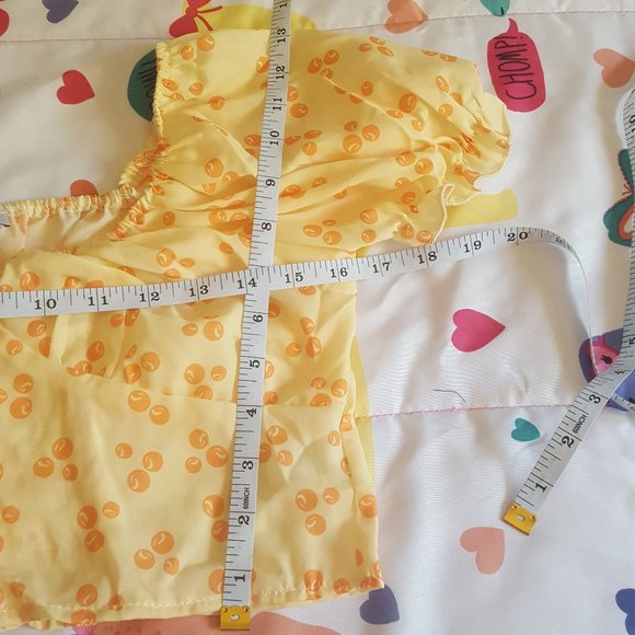 yellow orange bubble print ruched sweetheart neck short puff sleeve crop top - Picture 5 of 7